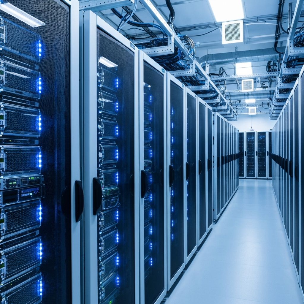 Modern data center server room with blue LED lighting