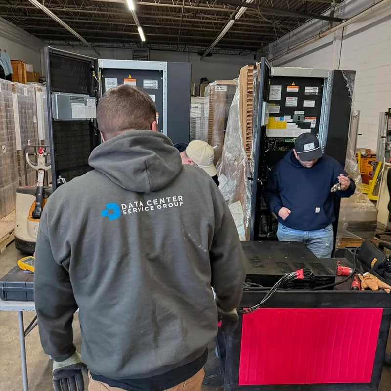 DCSG technicians setting up a battery charger beside electrical cabinets in the warehouse