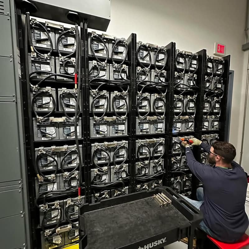 Technician tightening terminal connections on a rack of UPS batteries during a full string replacement